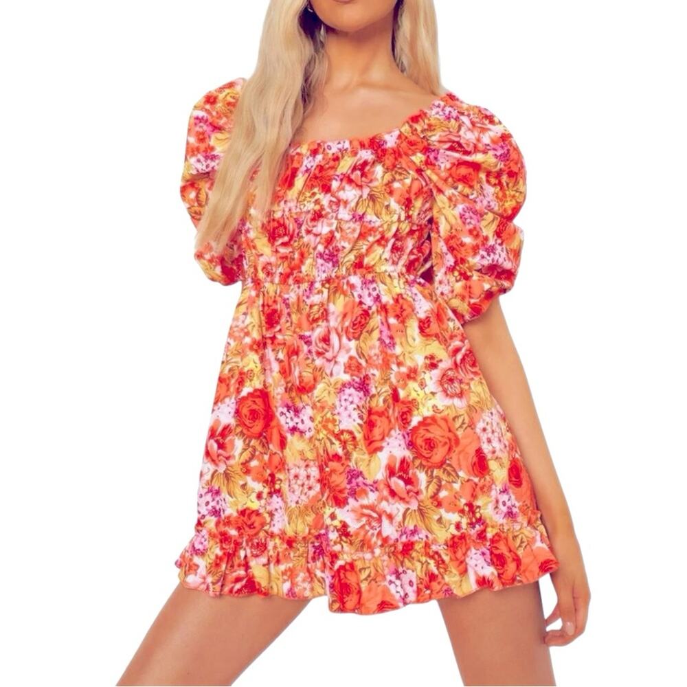 boohoo Romper Womens Size 10 Orange Yellow Ruffled Romantic Ruched Floral Whimsy